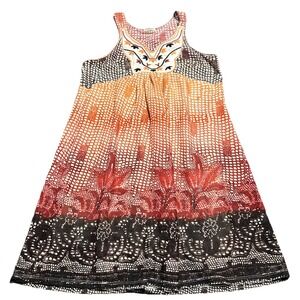 One World Sun Dress XL Brown Orange Embroidered Boho Hippie Indie Boho Tank